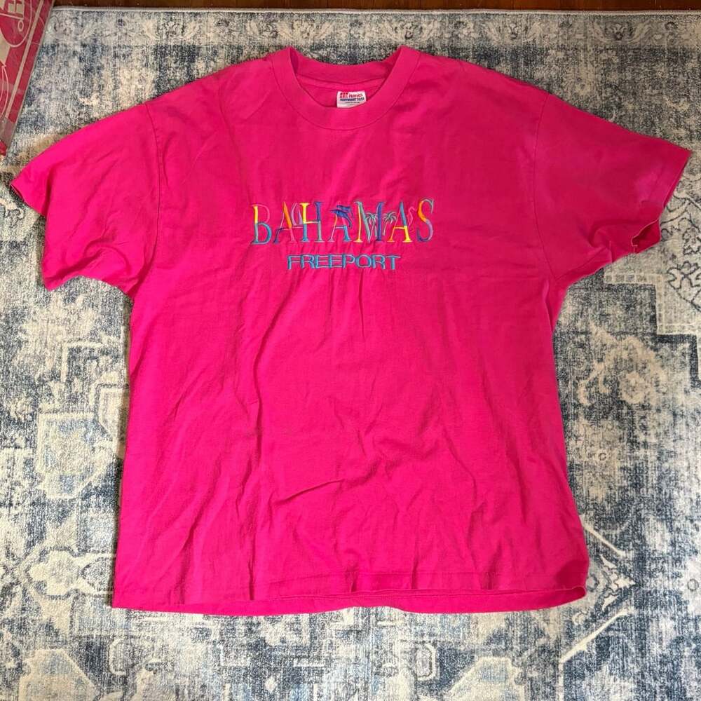 Vintage 90s Hanes Heavyweight Bahamas Freeport Embroidered Pink T-Shirt Adult XL